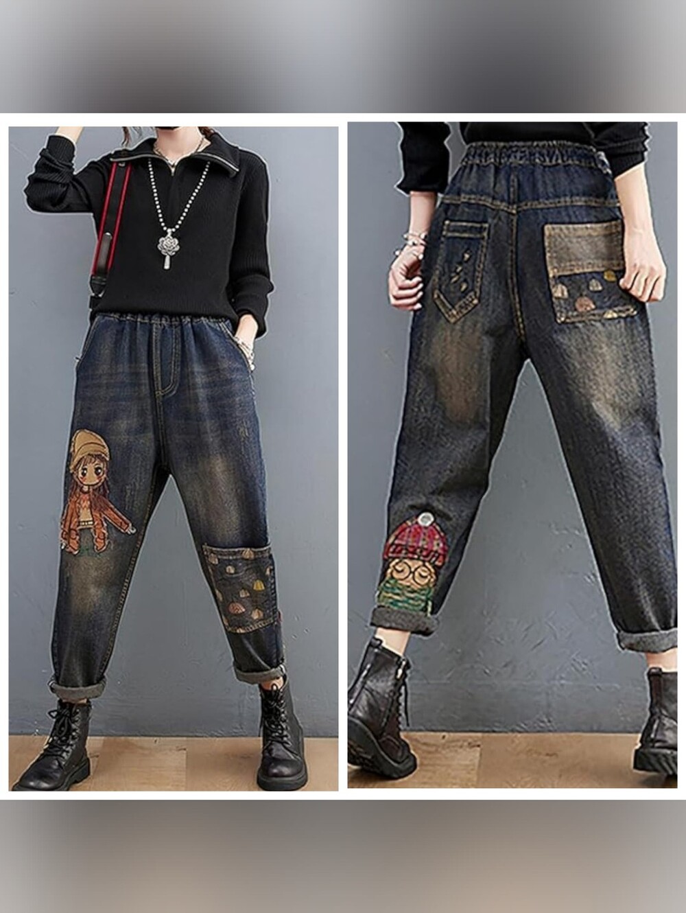 Artsy Patchwork Embroidered Denim Jeans XL Women's Elastic Waist Balloon Leg
